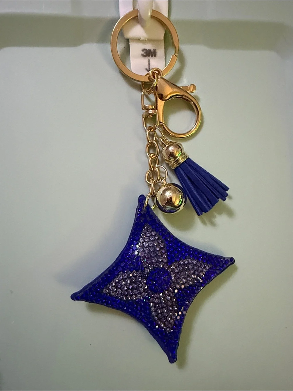 Blue Crystal Star Tassel Keychain - Gold Hardware